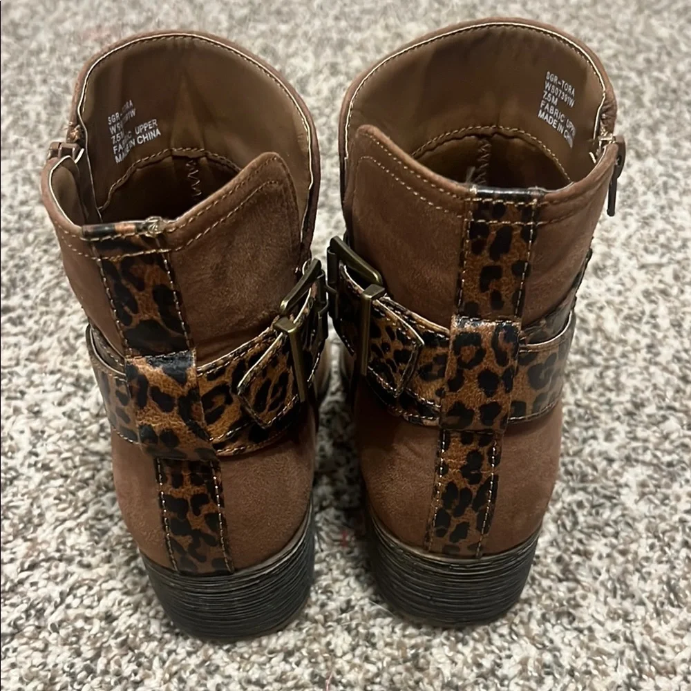 Sugar Brown & Leopard Ankle Boots with Sturdy Sole